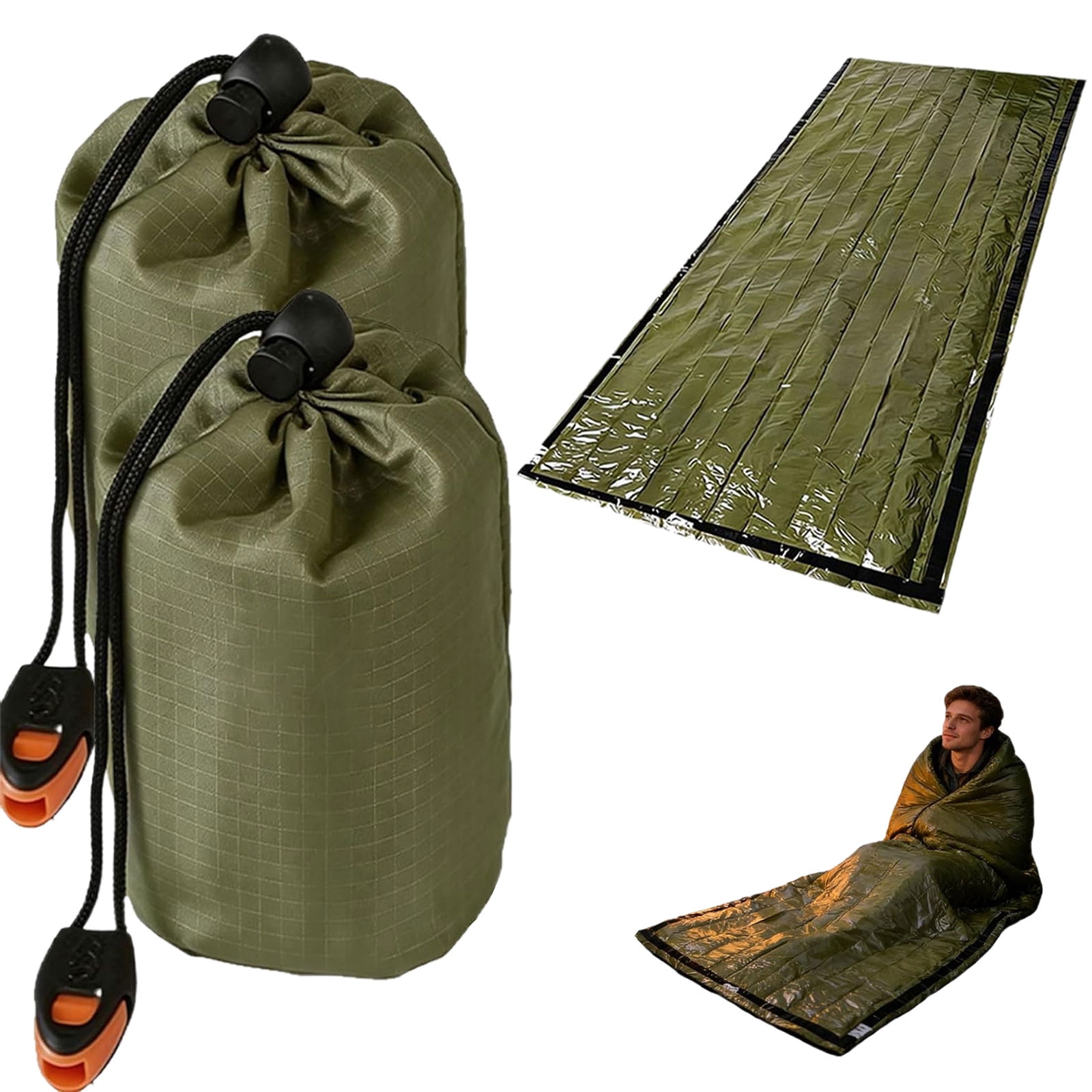 Bivy Sack Survival Sleeping Bag, Waterproof Survival Sleeping Bag with Emergency Whistle, Portable Thermal Emergency Bivy Bags for Camping Hiking Outdoor Survival （Green, 2PC)