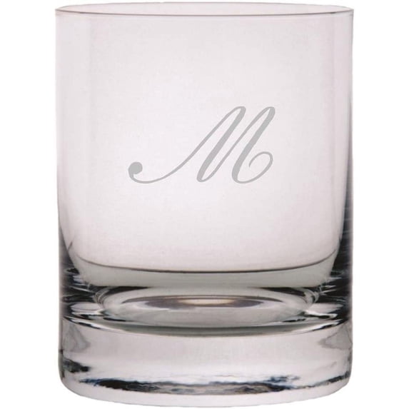 Bix Script Etched Monogram 11oz StolzleNew York Crystal Rocks Glass Letter M
