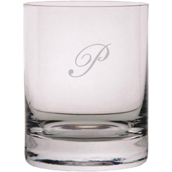 Bix Script Etched Monogram 11oz StolzleNew York Crystal Rocks Glass Letter P