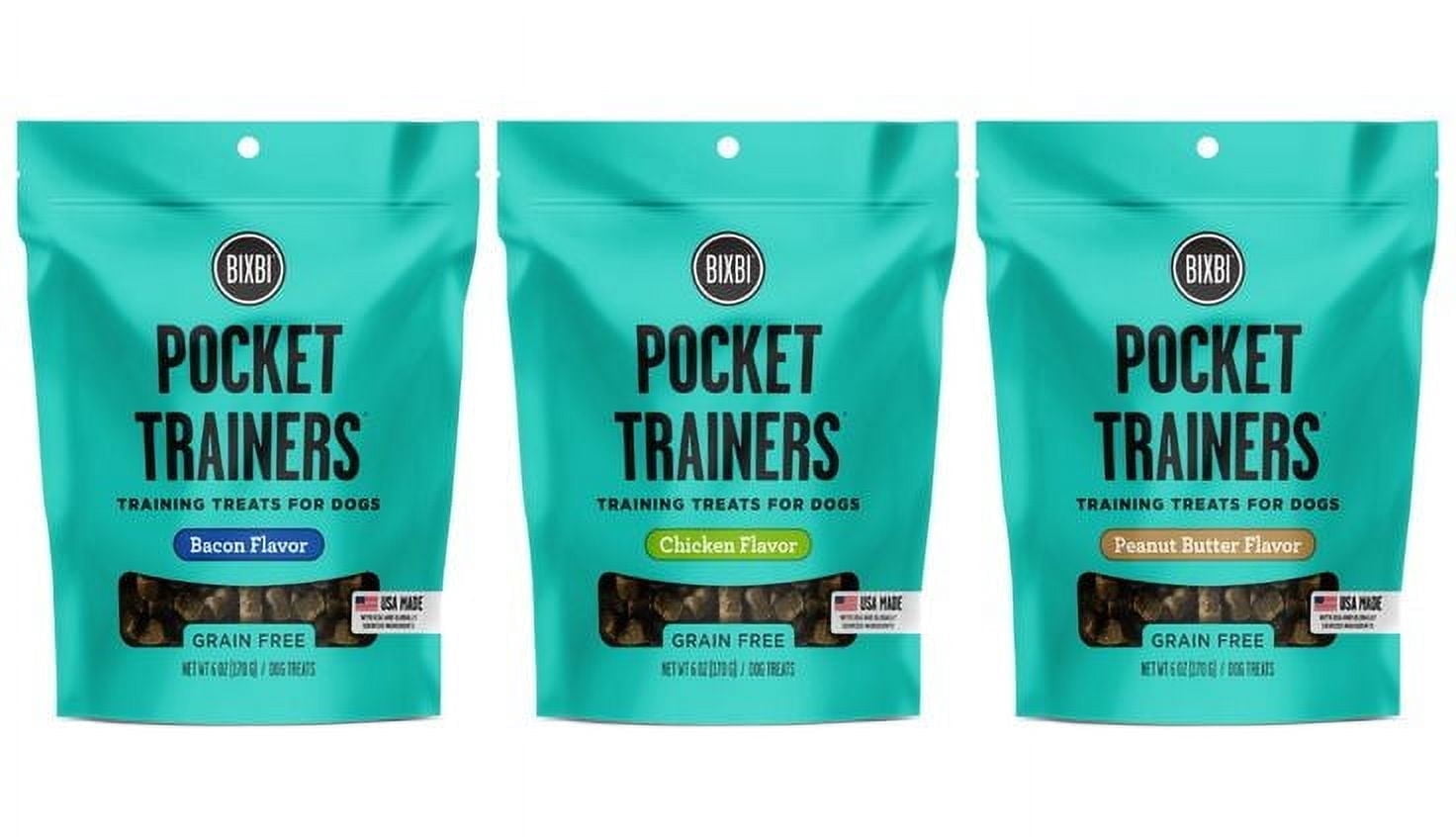 BIXBI Pocket Trainers Dog Treats: (1) Peanut Butter, (1) Bacon and (1) Chicken (3 Bags Total, 6 Oz Each)