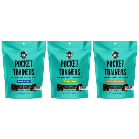 Bixbi Pocket Trainers Dog Treats: (1) Peanut Butter, (1) Bacon and (1) Chicken (3 Bags Total, 6 Oz Each)
