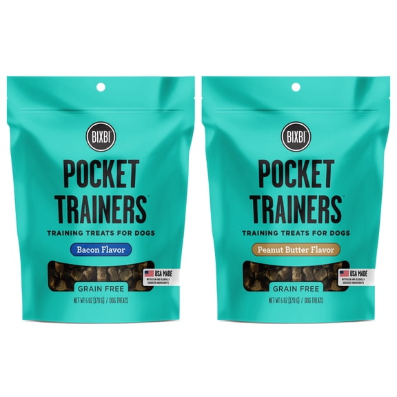 Bixbi Pocket Trainers Dog Treats: (1) Peanut Butter and (1) Bacon (2 Bags Total, 6 Oz Each)