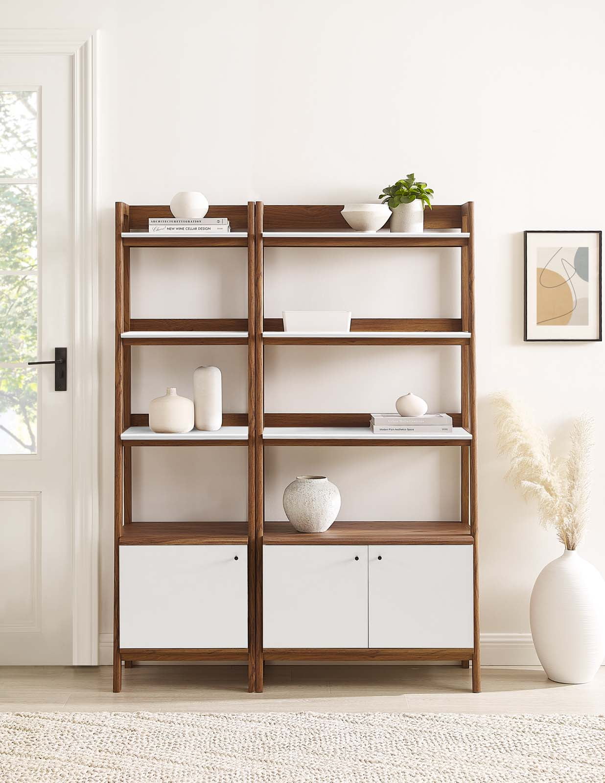 Walnut White Tiered Wood Bookshelves with Concealed Storage