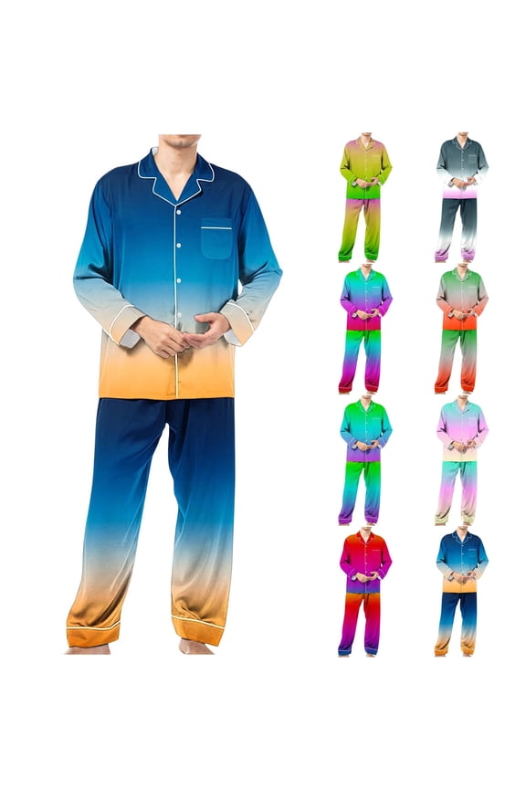 2 Piece Outfits for Men,Pajamas for Men Gradient Print Long Sleeve Lapel Cardigan Top with Pocket and Long Pants Home Loungewear Set