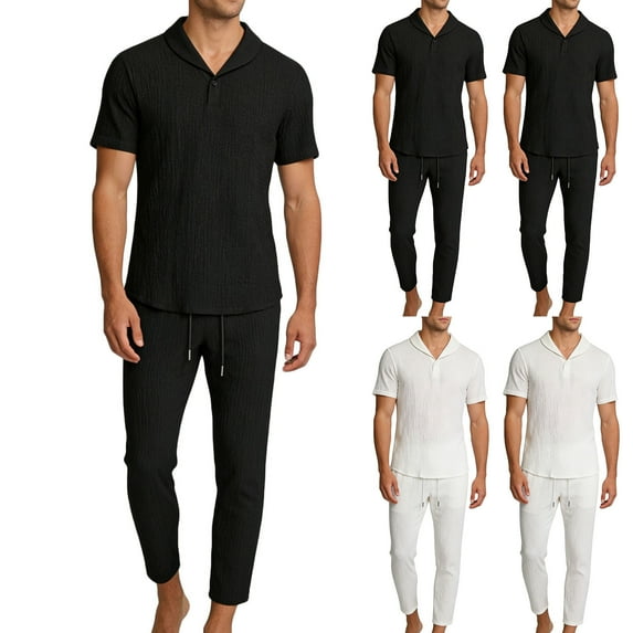 Bixock 2 Piece Set for Men,Casual Outfits for Men Solid Color Short Sleeve Lapel Button Top Drawstring Elastic Waist Pocket Casual Long Pants Set