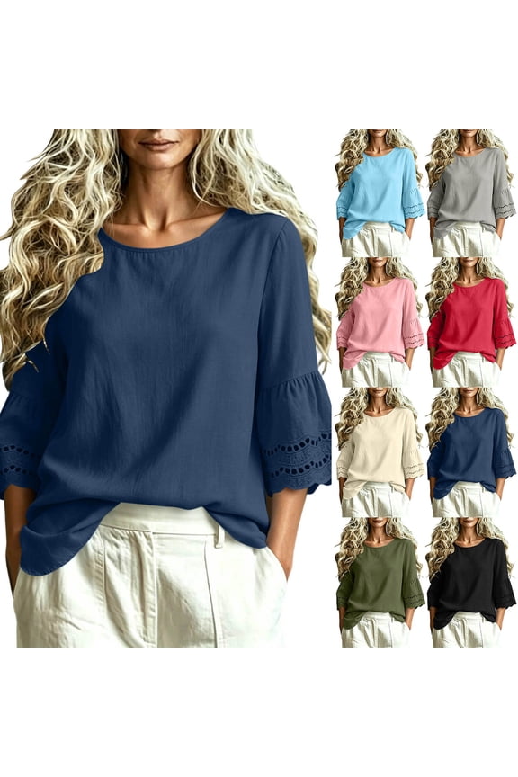 3/4 Length Sleeve Women Linen Shirts Lace Panel Tunic Solid Color Crew Neck Loose Casual Daily Office Blouse