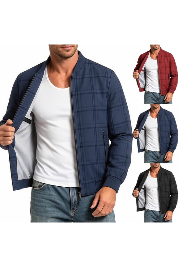 Baseball Jacket for Men Light Weight Jacket Plaid Jacket Collar Long Sleeve Light Business Outerwear With Chest Patch Pockets Fall Commute Daily Layer Top Men Clothings