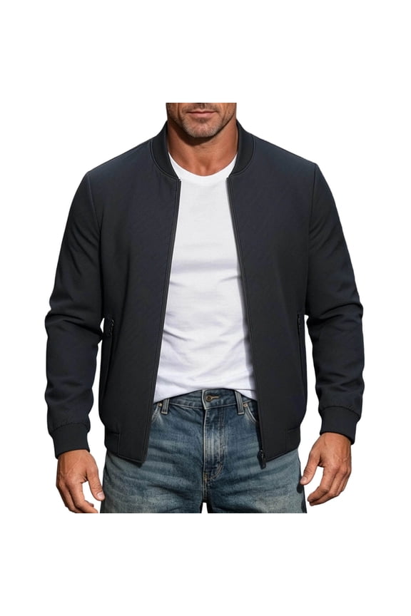 Baseball Jacket for Men Light Weight Jacket Rib Collar Full Zip Long Sleeve Classic Business Outerwear With Side Storage Pockets Daily Commute Casual Top Men Clothings