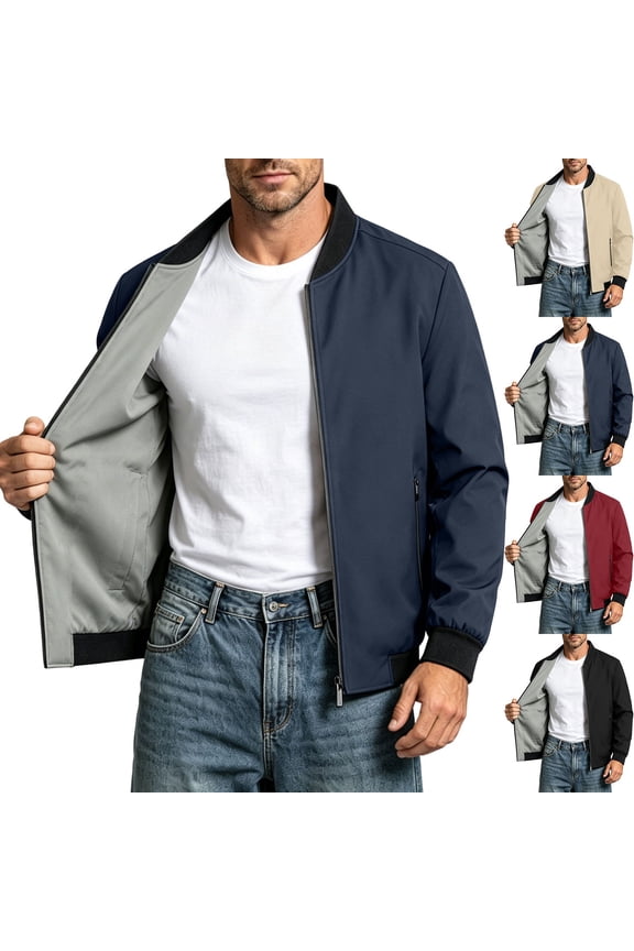 Baseball Jacket for Men Light Weight Jacket Stand Collar Zip Front Long Sleeve Light Windproof Outerwear Fall Commute Daily Top Men Clothings