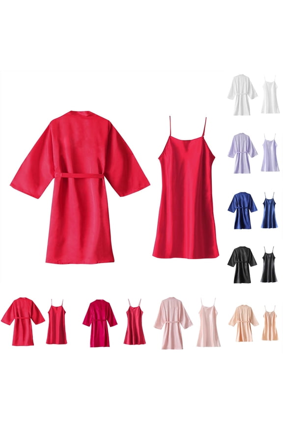 Bathrobe for Women,Pajamas for Women,Silk Robes for Women Solid Color 3 Quarter Sleeve Satin Robe Soft Lightweight Bathrobe Loosewith Inner Ties Sleepwear