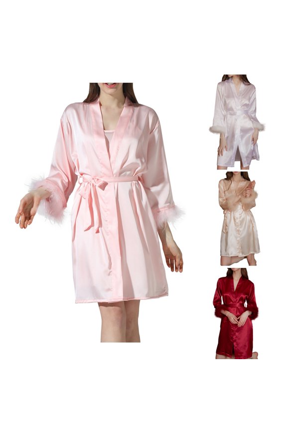 Bathrobe for Women,Pajamas for Women,Silk Robes for Women Solid Color Long Sleeve Velvet Robe Luxurious Touch Warm Bathrobe with Waist Belt Loungewear Sleepwear