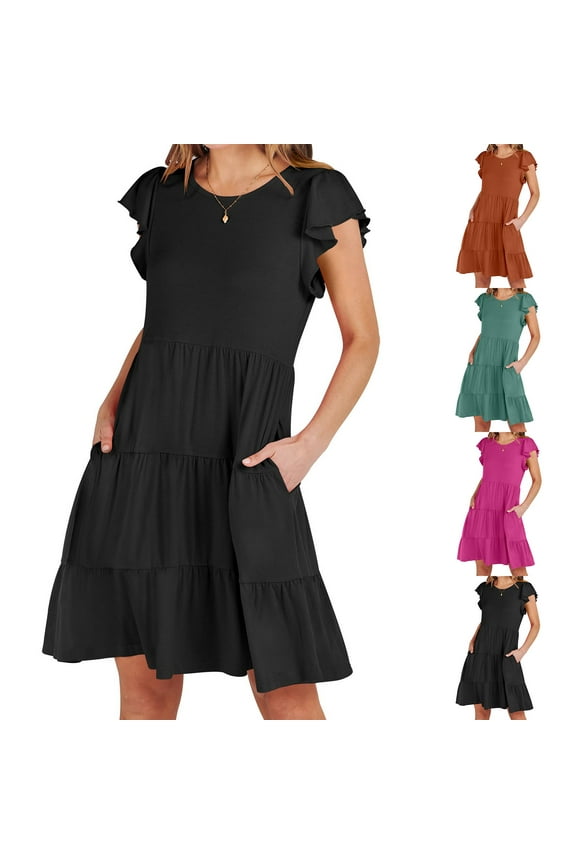 Beach Dresses for Women,Midi Dresses for Women Solid Short Sleeve Round Neck Casual Shift Summer Day Dresses