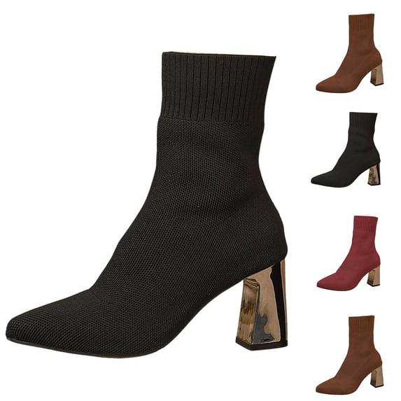 Bixock Boots for Women Mid Heel Short Boots Large Size Pointed Toe Slip On Stretch Sock Boots Comfortable Warm Daily Wear Fall Women Shoes