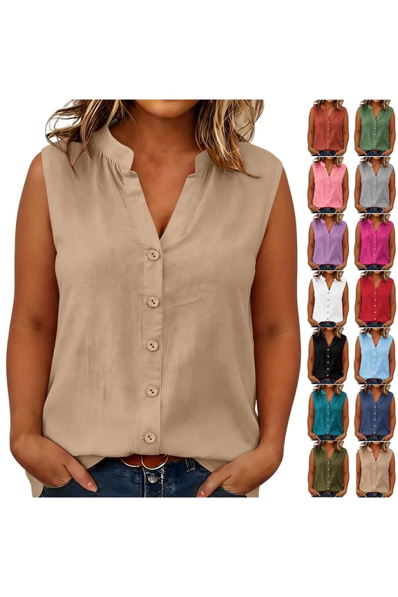 Button Down Shirts for Women Sleeveless Tops Plus Size Linen Shirt Solid Color V Neck Button Open Front Loose Casual Daily Outer Blouse