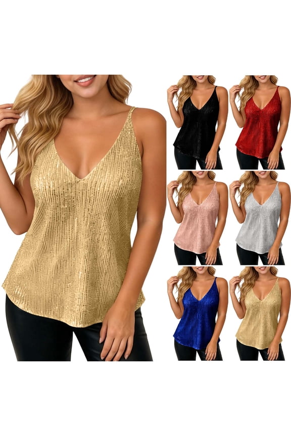Camisole Tops for Women,V-Neck Sleeveless Blouses,Solid Color V-Neck Camisole Sequin Waist Defined Back Party Wear Tops