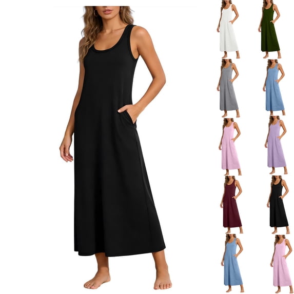Bixock Casual Dresses for Women Solid Color Crew Neck Sleeveless Side Pocket Ankle Length Tank Dress High Waist A Line Fashion Loose Beach Vacation Summer Maxi Dress