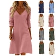 thumbnail image 1 of Bixock Casual Dresses for Women V Neck Mid Sleeved Pleated Cotton Linen High Waist A Line Summer Dresses for Women Beach Vacation Midi Dresses, 1 of 6