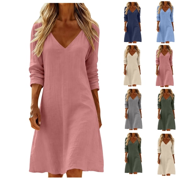 Bixock Casual Dresses for Women V Neck Mid Sleeved Pleated Cotton Linen High Waist A Line Summer Dresses for Women Beach Vacation Midi Dresses