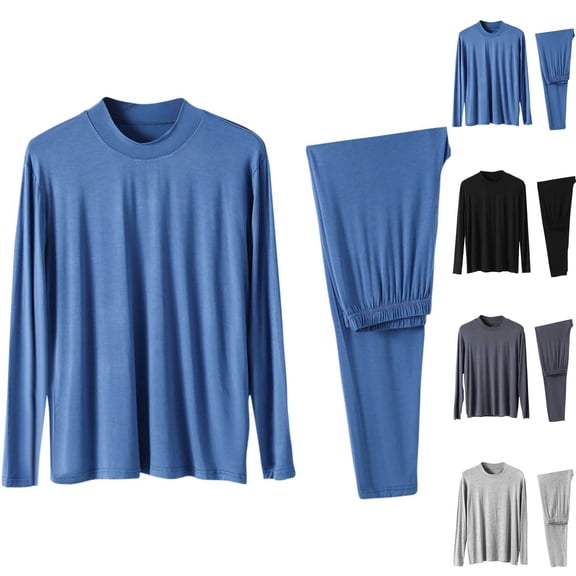 Bixock Casual Pajamas Sets for Men,Two-piece Pajamas Set for Men,Pajamas for Men Casual Solid Color Warm Crew Neck Long Sleeve 2 Piece Cozy Sleepwear Sets