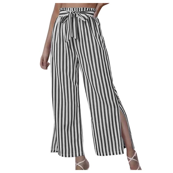 Bixock Casual Pants for Women Wide Leg Pant Split Hem Stripe Pants ...