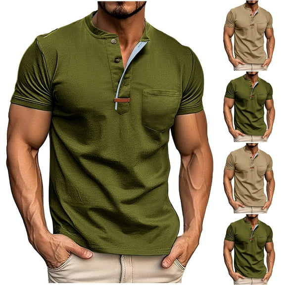 Bixock Casual Tops for Men, Cotton Short Sleeve Shirts for Men,Shirts for Men Summer Short Sleeve Crew Neck Vintage Button Casual Daily Comfortable Tops