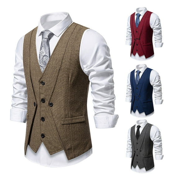Bixock Casual Tops for Men,Fleece Suit Vests for Men,Tops for Men Vintage Solid Color Breasted Faux Two Piece Suit Vest With Pocket V Neck Sleeveless Tops