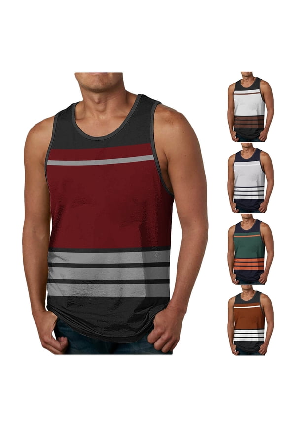 Casual Tops for Men,Fleece Tank Tops for Men,Tops for Men Casual Fashion Striped Printed Base Layer Undershirt Stretch Workout Crew Neck Tank Tops