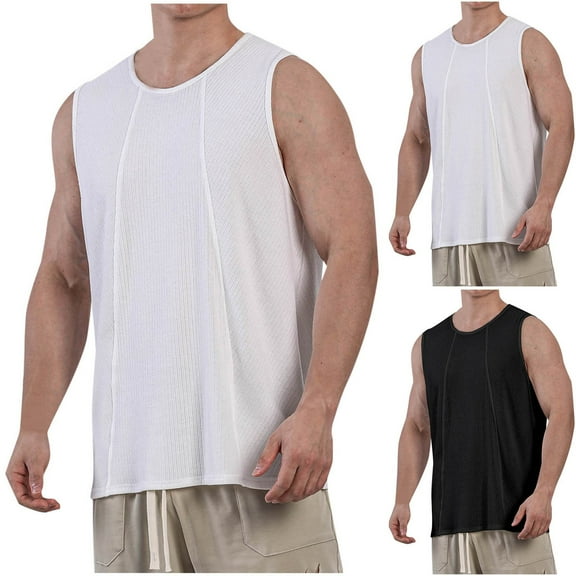 Bixock Casual Tops for Men,Fleece Tank Tops for Men,Tops for Men Solid Color Casual Athletic Loose Sleeveless Crew Neck Vest Workout Gym Training Tops