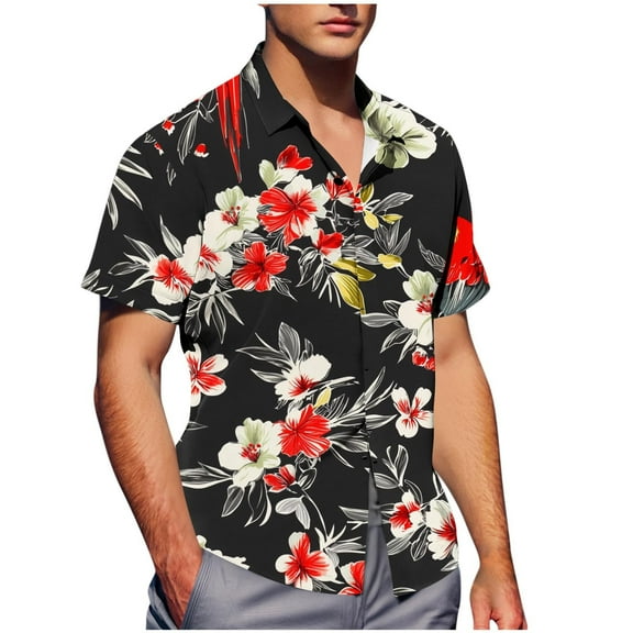 Bixock Casual Tops for Men,Short Sleeve Shirts for Men,Shirts for Men Summer Short Sleeve Collar Hawaiian Print Hidden Button Pocket Casual Tops