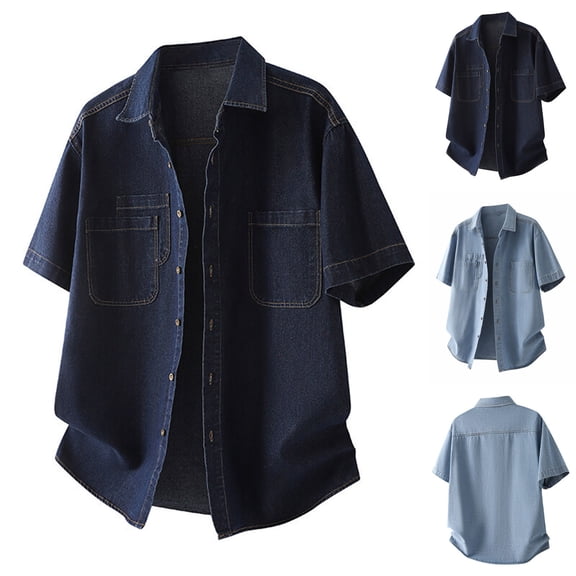 Bixock Casual Tops for Men,Short Sleeve Shirts for Men,Shirts for Men Summer Short Sleeve Collar Solid Color Denim Pocket Casual Daily Jacket Tops