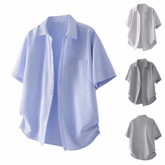 Bixock Casual Tops for Men,Short Sleeve Shirts for Men,Shirts for Men Summer Short Sleeve Collar Stripe Pocket Lightweight Casual Daily Jacket Tops