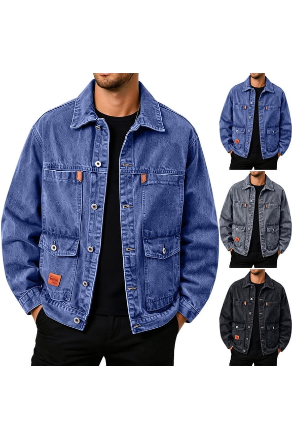 Denim Jackets for Men Lapel Collar Long Sleeve Relaxed Outerwear With Multi Flap Cargo PocketsWindbreaker Fall Winter Daily Top Men Clothings
