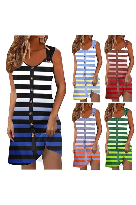 Dresses for Women,Mini Dress for Women,Women's Gradient Stripe Print Fake Button V-Neck Sleeveless Spaghetti Strap Flowy Long Maxi Dress with Back Detail for Casual Outing or Party Dress