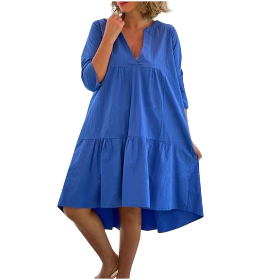 Bixock Dresses for Women,Women Oversize Mini Dress,Women's Fashion Casual Solid Color V-Neck Plus Size Long Short Sleeve Knee-Length Dress for Dress