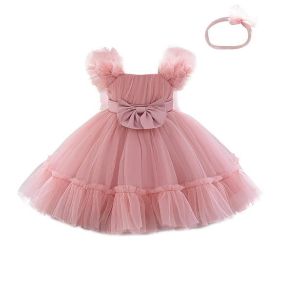 Bixock Fall and Winter Clothes,Toddler Girls Dresses,Fall One Year Old Baby Solid Color Round Neck Sleeveless Pleated Mesh Skirt Bow Princess Dress Performance Dress