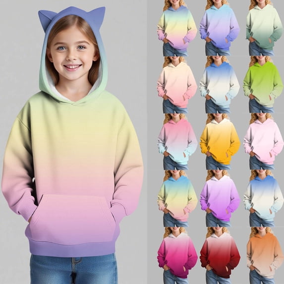 Bixock Fall Toddler Girls Hooded Sweatshirts Crewneck Pullover Tops Gradient Long Sleeve Loose Casual Sweatshirt Soft Comfortable Outdoor Wear Girls Clothings 5-15 Years