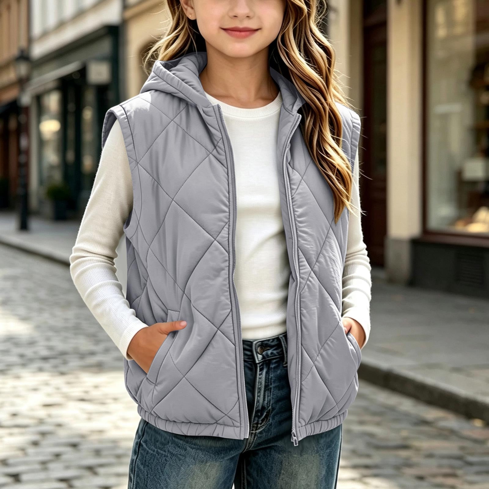 Stictch Fall Bixock Fall/Winter Girls Sleeveless Hooded Quilted Jackets Full Zip Up ...
