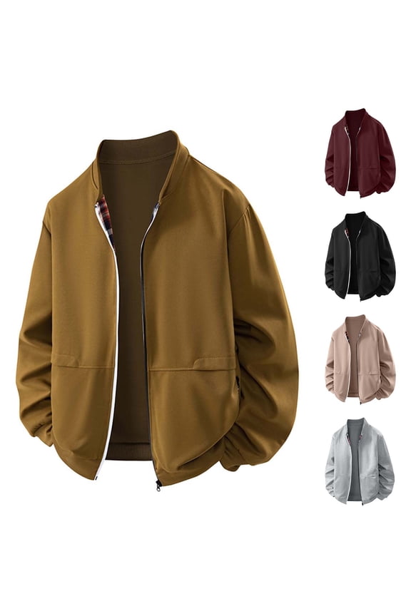 Fall/Winter Men Casual Jacket,Men Stand Collar Jackets,Men Warm Outwear Jackets Plaid Print Long Sleeve Stand Collar Zip Up Casual Jacket