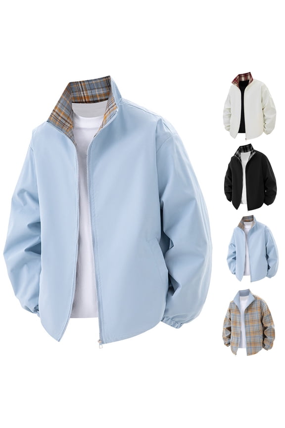 Fall/Winter Men Casual Jacket,Men Stand Collar Jackets,Men Warm Outwear Jackets Solid Color Reversible Plaid Print Zippered Pockets Long Sleeve Stand Collar Outdoor Jacket