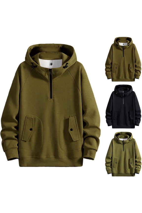 Fall/Winter Men Fleece Hoodie Jackets,Hooded Coats Lined Jacket for Men,Men Casual Outwear Jackets Solid Color Long Sleeve Hooded Raglan Sleeve Half Zip Pocket Sweatshirt Outerwear Jackets
