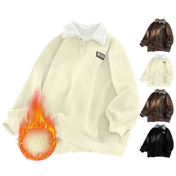 Bixock Fall/Winter Men Hoodie Tops,Men Long Sleeved Shirts,Men Casual Blouse Fleece Lined Pullover with Two Button Placket and Collar Tops