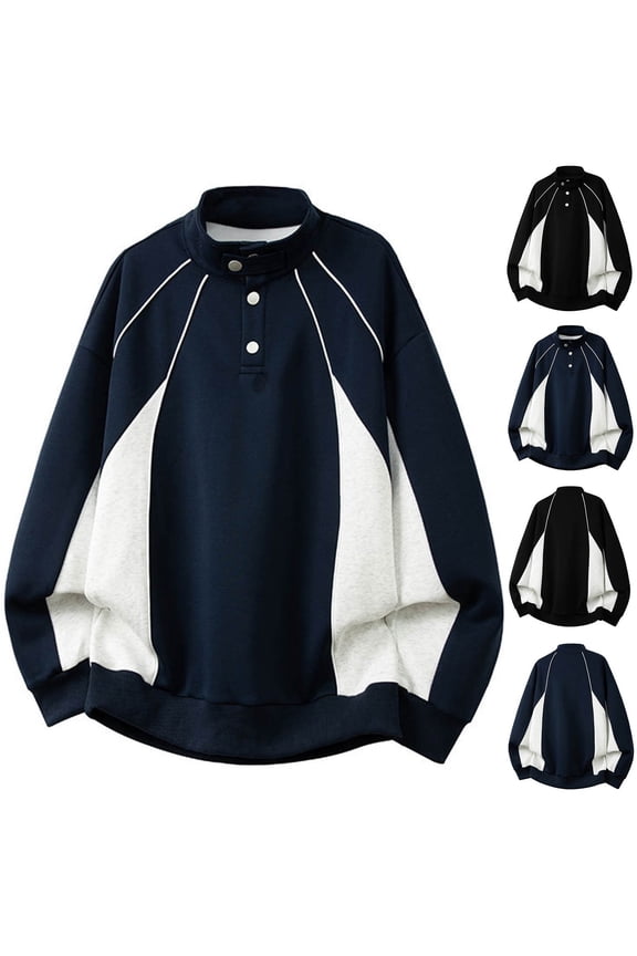 Casual Top for Mens,Hoodie Top for Men,Men Casual Tops Solid Color Preppy Style Loose Contrast Panel Button Stand Collar Tops