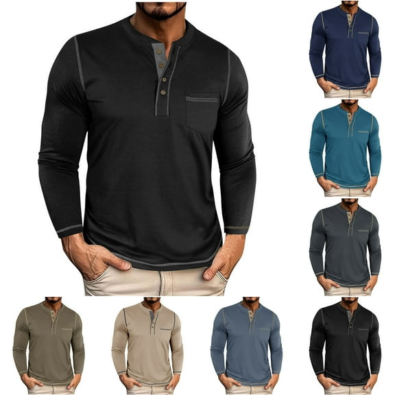 Bixock Fall and Winter Men Long Sleeved Shirts Top,Men Comfortable Casual Tops,Men Casual Tops Solid Color Vintage Style Round Neck Button Down Breathable Shirt Tops