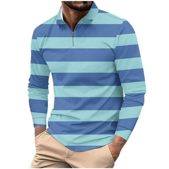Bixock Casual Tops for Men,Blouse for Men,Men Casual Tops Striped Print Long Sleeve Turn Down Collar Full Zip Pullover Sport Shirt Tops