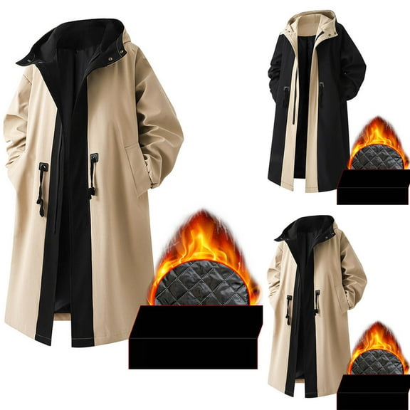 Bixock Fall and Winter Men Peacoats, Men Wool Coat Jackets, Men Solid Color Long Sleeve Hooded Zippered Pockets Belted Trench Coat Casual Outwear Jackets