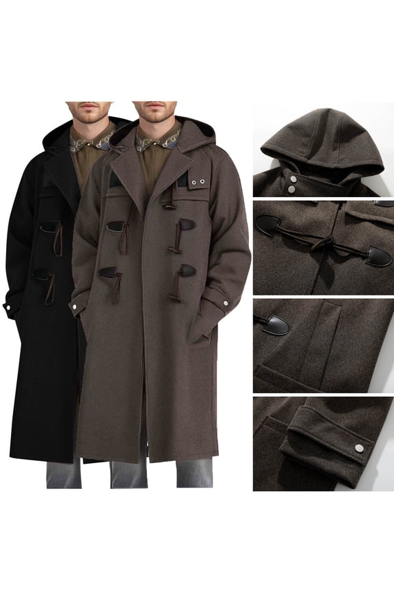 Fall and Winter Men Peacoats,Men Wool Coat Jackets,Men Solid Color Wool Mid Long Horn Button Pocket Long Sleeve Hooded Trench Coat Outerwear Jackets
