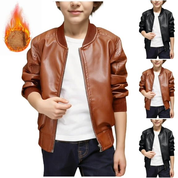 Bixock Fall/Winter Toddler Boys and Girls Fleece Leather Jackets,Kids Windproof Waterproof Warm Jackets,Children's Jackets Unisex Leather Stand Collar Motorcycle Style Single Lining Outerwear Jackets
