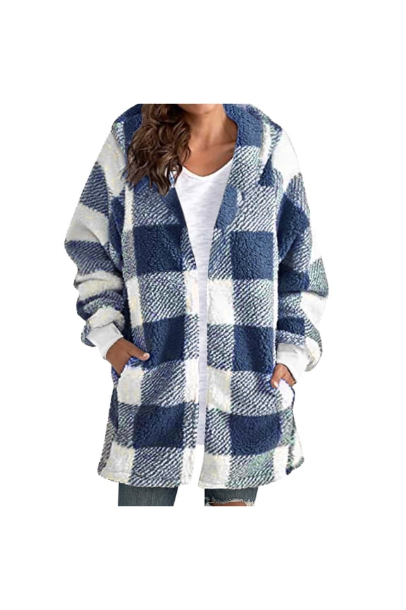Fall/Winter Women Faux Wool Coats,Women Trench Coats Jackets,Women’s Warm Outerwear Jackets Fleece Hooded Mid Length Plaid Print Long Sleeve with Side Pockets Outerwear Jackets