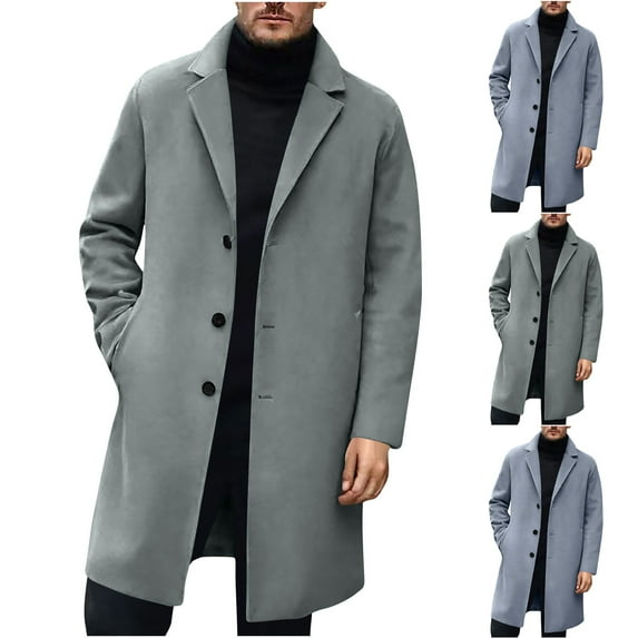 Bixock Fall and Winter Men Peacoats, Men Wool Coat Jackets, Men's Solid Color Long Overcoat Lapel Collar Button Pocket Trench Coat Outerwear Jackets