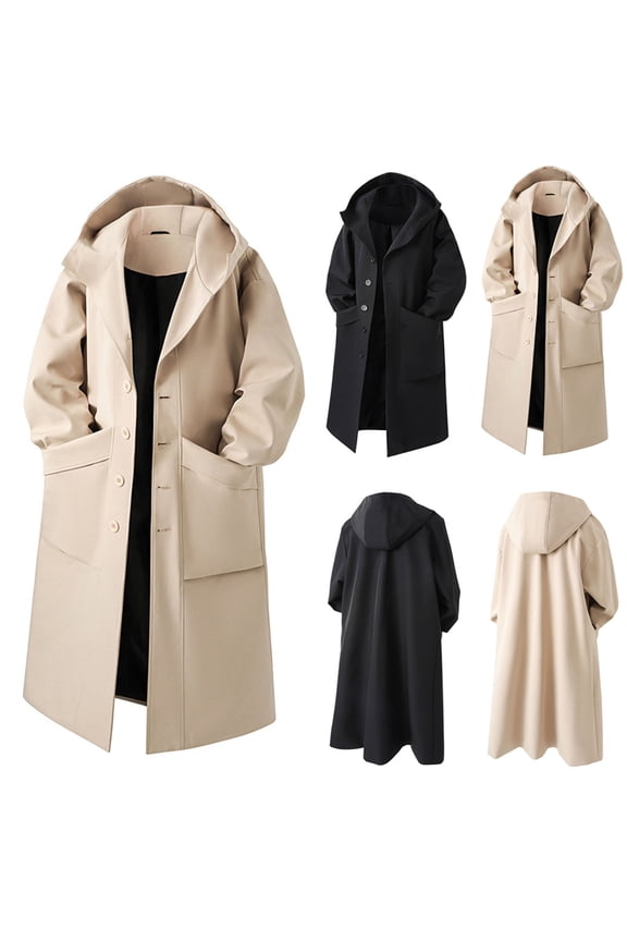 Fall and Winter Men Peacoats, Men Wool Coat Jackets, Men's Solid Color Long Sleeve Hooded Button Pocket Insulated Long Coat Outerwear Jackets